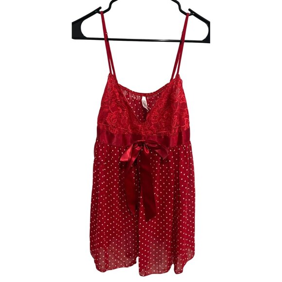 Inner Secrets Lace Polka Dot Babydoll Lingerie Red White Sz Large Satin Bow - Picture 1 of 9